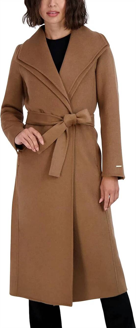 NEW TAHARI women's maxi double face belted wool blend wrap coat in camel